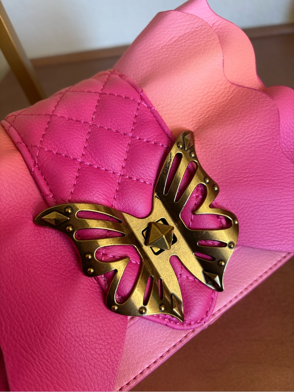 Betsey Johnson Two-Tone Hot Pink Quilted Butterfly Clasp Crossbody